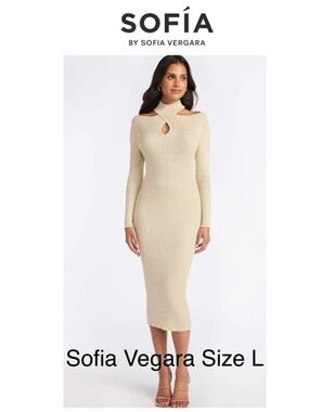 6/$20 Sofia Vergara Cream Twist Front Cutout Ribbed Midi Sweater Dress NWT L